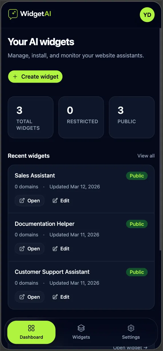 WidgetAI Mobile Dashboard Preview